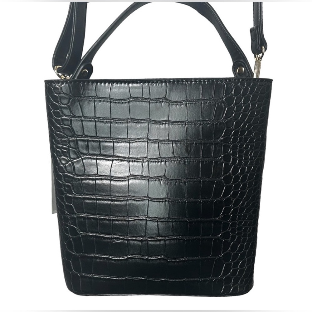 NWT AOTA Black Crocodile Vegan Leather Crossbody Bucket Bag - Picture 7 of 7